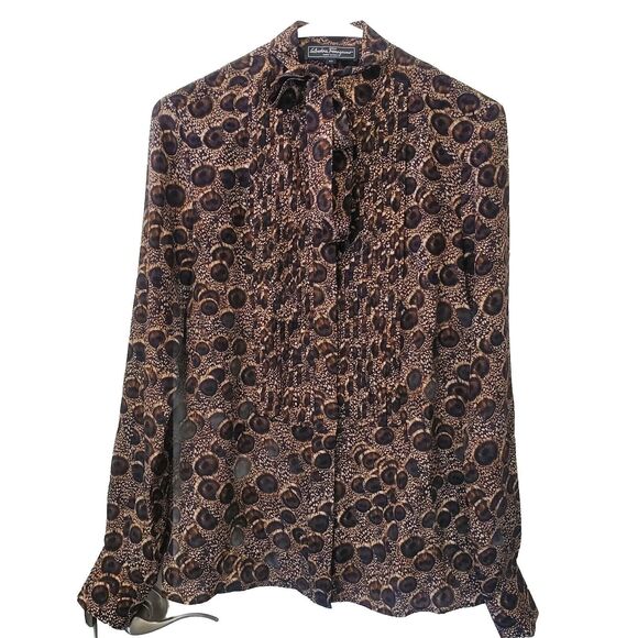 Salvatore Ferragamo Blouse Button Up Animal Print Tie Neck Brown Size 40 Silk - Picture 1 of 7